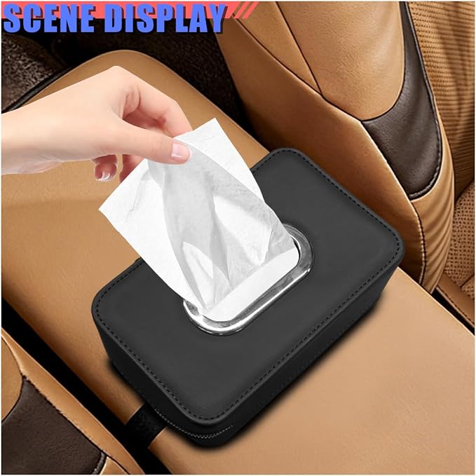 Craedli Car Tissue Holder, Leather Backseat Tissues Box Cover Rectangular Car Napkin Holder for 100-150 Tissues Organizer, Large Napkin Case Auto Headrest Hanging Mask Dispenser for SUV Sedan (Black) - Image 6