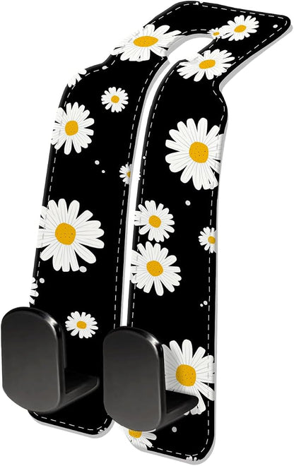 Car Seat Headrest Hook, Universal Leather Cute Hanger Holder Hook, Storage Organizer Interior Accessories for Purse Bags Handbag Cute Black Daisy by NUGGHU