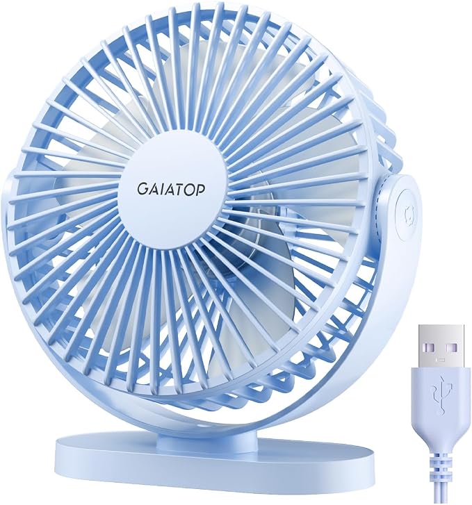 Gaiatop USB Desk Fan, 5.5 Inch Quiet 3 Speeds Small Portable Fan Blue | USB Powered, 5ft Cable, Mini Personal Desktop Table Fans, Powerful Cooling for Home, Office, Travel, Car, Indoor, Outdoor by GAIATOP