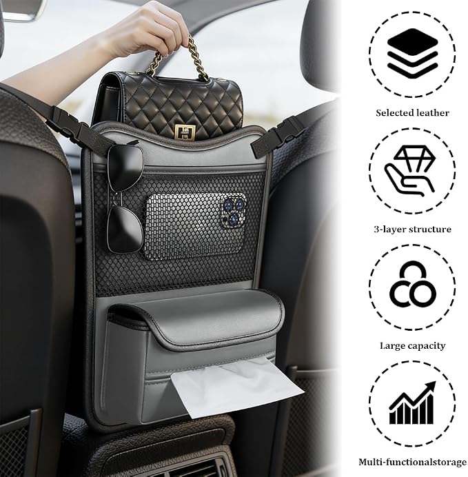 Car Organizer Storage Between Seats, Car Purse Holder, Nappa Leather Front Seat Storage Bag with Tissue Holder, Large Capacity Auto Console Organizer for Document Phone Wallet Snack (White) - Image 5