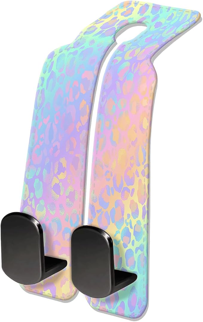 Car Seat Headrest Hook, Universal Leather Cute Hanger Holder Hook, Storage Organizer Interior Accessories for Purse Bags Handbag Colorful Cute Leopard by NUGGHU