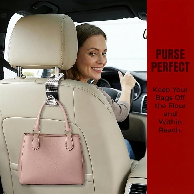 4PCS Bling Car Seat Headrest Hooks, Crystal Rhinestone Vehicle Back Seat Hanger Holder, Auto Interior Headrest Hanging Storage Organizer for Purse Handbag Coat, Universal Fit (Red) - Image 5