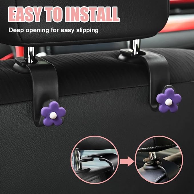 Car Headrest Hooks, Cute Flower Vehicle Seat Organizer Hooks for Purses and Bags, Portable Automotive Purse Hanger Holder Decoration, Universal Car Accessories for SUV, Sedan, Truck (Purple) - Image 6