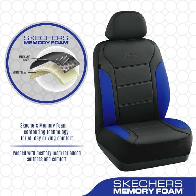 Skechers Memory Foam Car Seat Covers, Lycra Fabric Seat Covers, Car Seat Covers Front Seats Airbag Compatible, Automotive Comfort Protection for Most Cars,Trucks, SUVs,Blue - Image 4