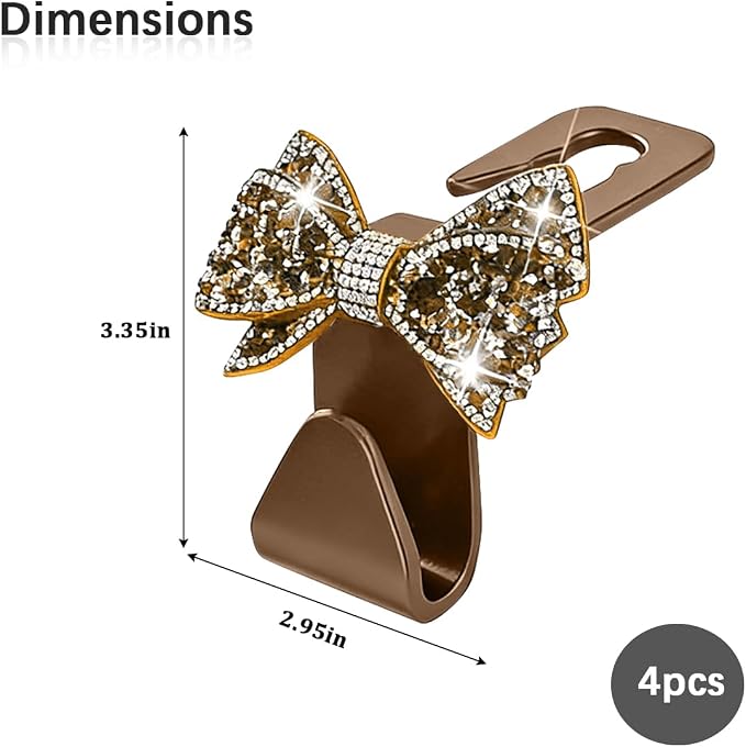 Zpana 4PCS Car Headrest Hook Rhinestone Bow Bag Hanger Gold | PVC construction, rhinestone bow design, compact rear seat storage, fits most cars, SUVs, and trucks, automotive accessories - Image 2
