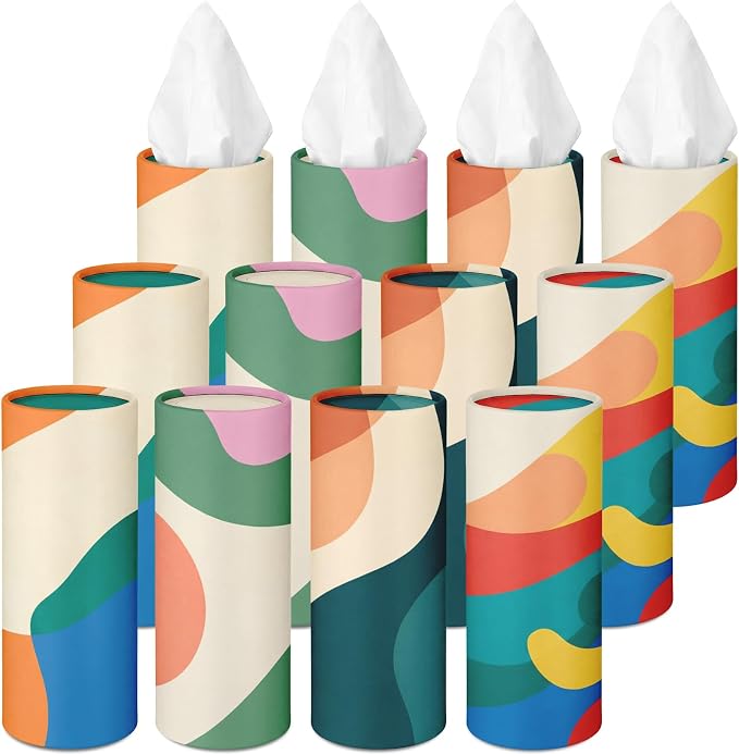 Arttown Car Tissue Holder for Cup Holder Facial Tissues 12 Pack Modern | Bulk 3-Ply,Refillable Marble Print Cylinder Tissue Boxes,Fit Car Home Office School (600 Sheets Total,50 Sheets Each) by Arttown