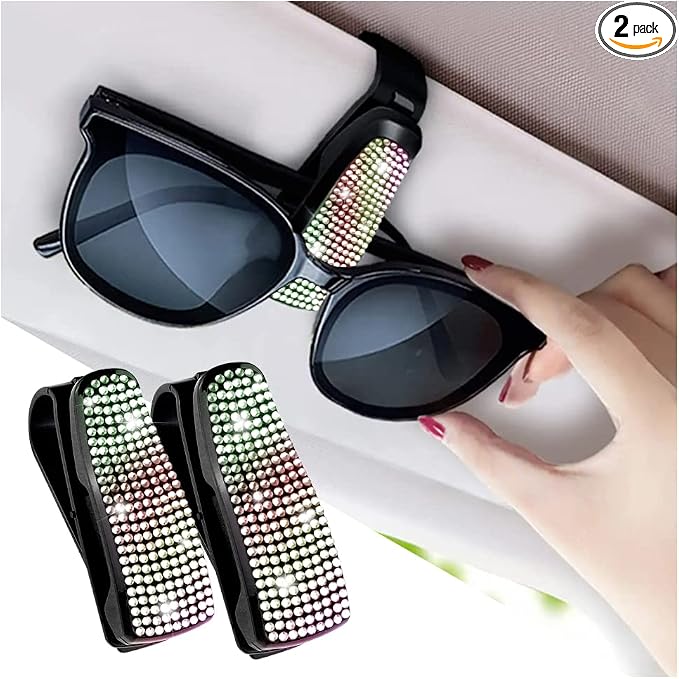 2PCS Bling Rhinestone Car Sun Visor Glasses Holders W/Anti-Scratch Sponge | Car Decoration for Women Girls,Ticket Card Clip Visor Organizer,Universal Rhinestone Auto Accessories by Turcee
