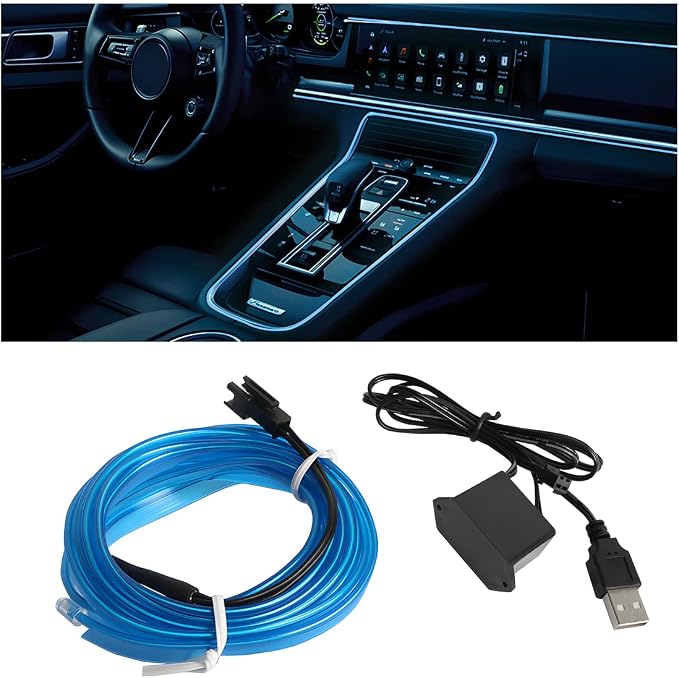 16FT EL Wire Strip Lights, USB Car Neon Trim, Sewing Edge, Blue | USB-powered operation, sewing-edge design, fuse protection, interior ambient lighting use, cut-to-length construction by HIPOPY