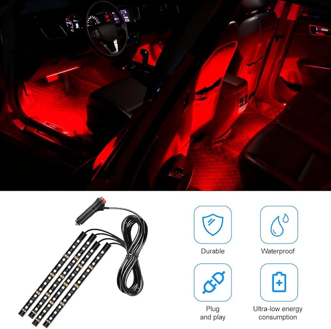 Car LED Strip Light, 12V 48 LED Vehicle Under Dash Neon Ambient Night Decor Lamp with Cigarette Lighter Plug, Automotive Interior Lighting Accessories, Universal for SUV Truck Sedan (Red) - Image 5