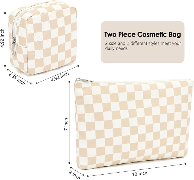 Fammart Checkered Makeup Bag, Travel Cosmetic Bag Organizer Toiletry Bag Make Up Bags with Zipper & Compartments for Women Girls, 2PCS - Image 4