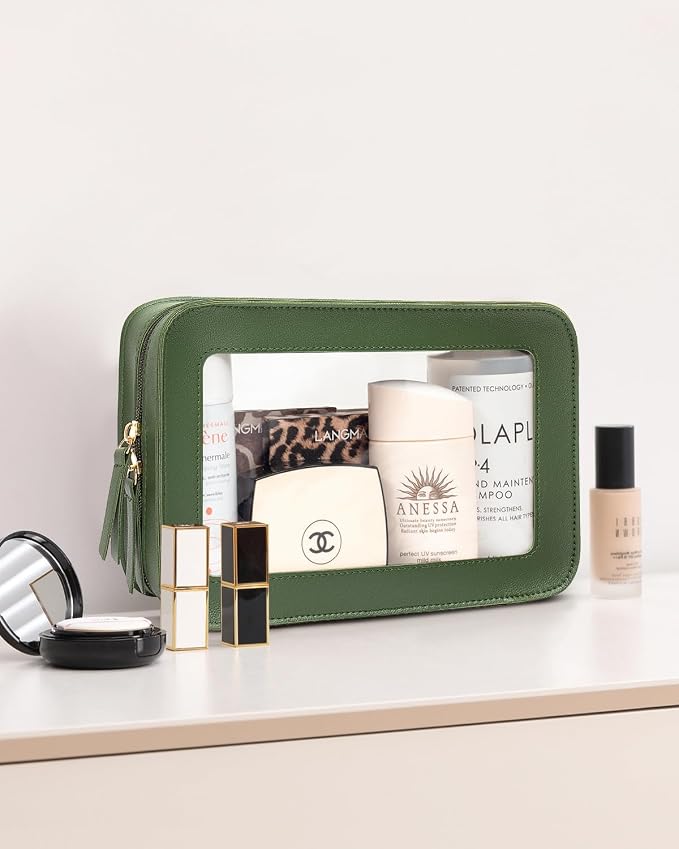Clear Makeup Bags, TSA Approved Toiletry Bag with Zipper, Travel Makeup Organizer Fit Carry-on Travel Essentials,Small Cosmetic Bags Pouch for Women Men (Clear-Vintage Green) - Image 4