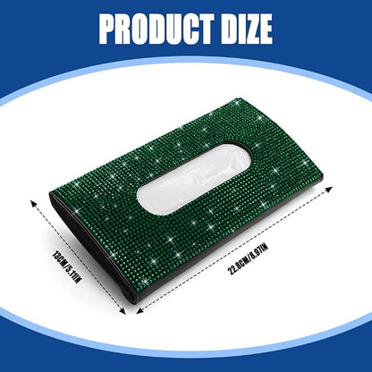 Bling Car Sun Visor Tissue Box Holder, Visor Accessories, Rhinestone PU Leather Crystal Sparkling Napkin Holder, Auto Sun Visor Paper Towel Cover Case Accessories for Most Cars (Green) - Image 2