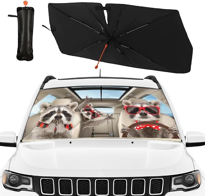 CHILL·TEK Print Raccoon Windshield Sun Shade Funny Raccoon Sun Shade for Car Front Window Block UV Rays Foldable Umbrella Windshield Sun Visor Protector Keep Vehicle Cool for Most Vehicles by CHILL%C2%B7TEK