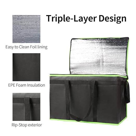 Bodaon 2-Pack Insulated Food Delivery Bag, XXX-Large Meal Grocery Tote Insulation Bag for Hot/Cold Food, Commercial Cooler/Thermal Bags, Large Capacity Reusable Warming Bag, Black with Green Edge - Image 5