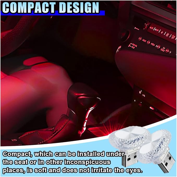 2PCS USB LED Car Interior Night Light, Crystal Mini Decoration Neno Ambient Light Car Interior Atmosphere Lamp, Plug-in USB Interface Auto Trunk Ambient Lighting Kit Universal for Cars (Red) - Image 6