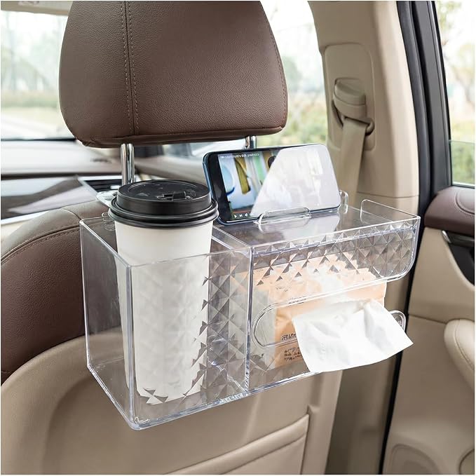 Car Back Seat Organizer, Automotive Drink Cup Holder with Hooks, Multifunctional Tissue Storage Box with Phone Holder, Vehicle Interior Organizer Accessories for Sedan, SUV, Truck (Clear) by Unknown