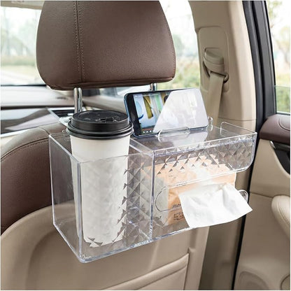 Car Back Seat Organizer, Automotive Drink Cup Holder with Hooks, Multifunctional Tissue Storage Box with Phone Holder, Vehicle Interior Organizer Accessories for Sedan, SUV, Truck (Clear) by Unknown