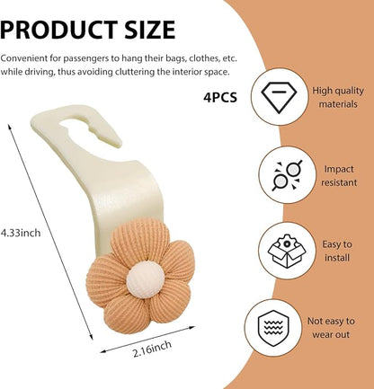 4 PCS Car Seat Headrest Hooks, Cute Flower Car Seat Back Organizer Bag Holder Hooks, Automotive Seat Hook Hanger Storage Organizer for Purse Cloth Grocery Bags, Car Accessories (Brown+White) - Image 2