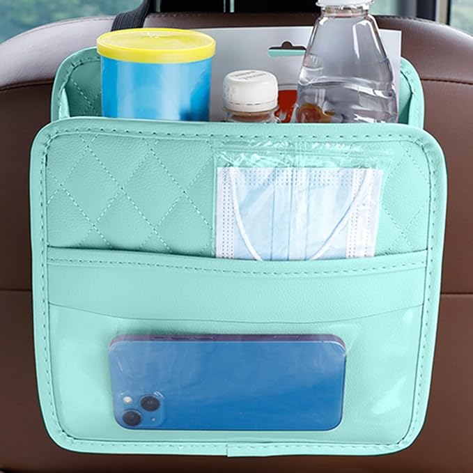 Mandark PU Leather Car Seat Back Organizer, Green | Three-pocket layout with clear panel, elastic strap installation, fits most cars, SUVs, and trucks, car interior accessories - Image 6