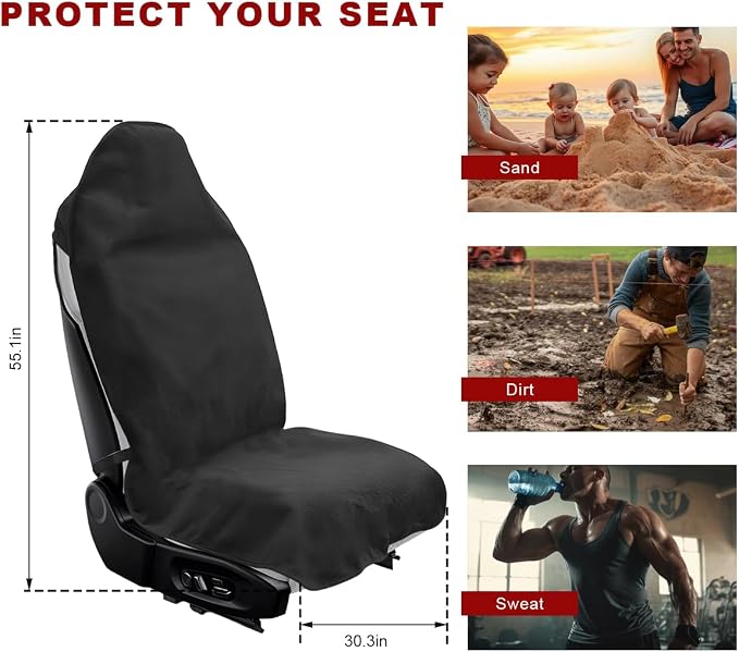 Car Towel Seat Cover, Waterproof Non-Slip Front Seat Protector for Post Gym Workout Beach Hiking, Sweatproof Washable Bucket Seat Protective Cover for Car SUV Truck Sedan (Black) - Image 2