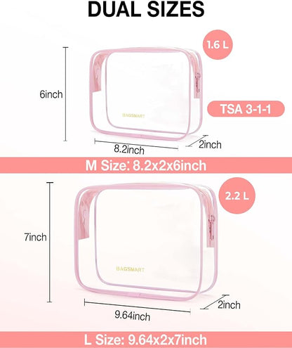 BAGSMART Clear Toiletry Bag 2-Pack TSA Approved Water-Repellent, Pink | Carry on Travel Accessories Bag, Airport Airline Quart Size Bags for Women Men, Makeup Cosmetic Bag - Image 2