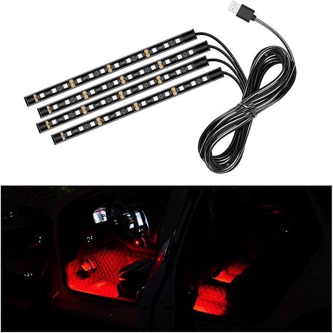 Ohleats Car LED Strip Light, 48 LED RGB Auto Interior Atmosphere Lights, Cigarette Lighter Under Dash Ambient Night Light, Interior Lamp Lighting Kit (Red, USB) by Ohleats