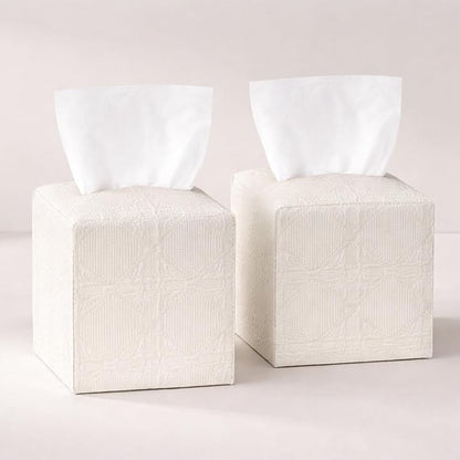 Tissue Box Cover 2-Pack, Square Tissue Holder with Bottom Belt, Modern Tissue Case Facial Paper Organizer Dispenser for Bathroom, Office, Home, Table, Car, White, Linen Pattern by Avolander