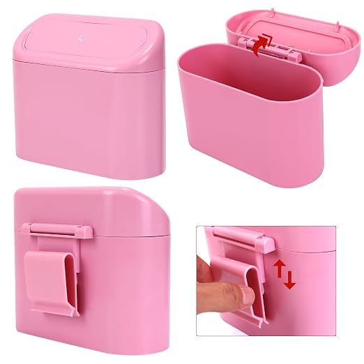 Ginsco 2 Pack Mini Car Trash Can with Lid, Small Car Garbage Can, Cute Leakproof ABS Trash Bin, Auto Accessories for Interior, Garbage Bin for Home, Office with 120pcs Trash Bags Pink - Image 5