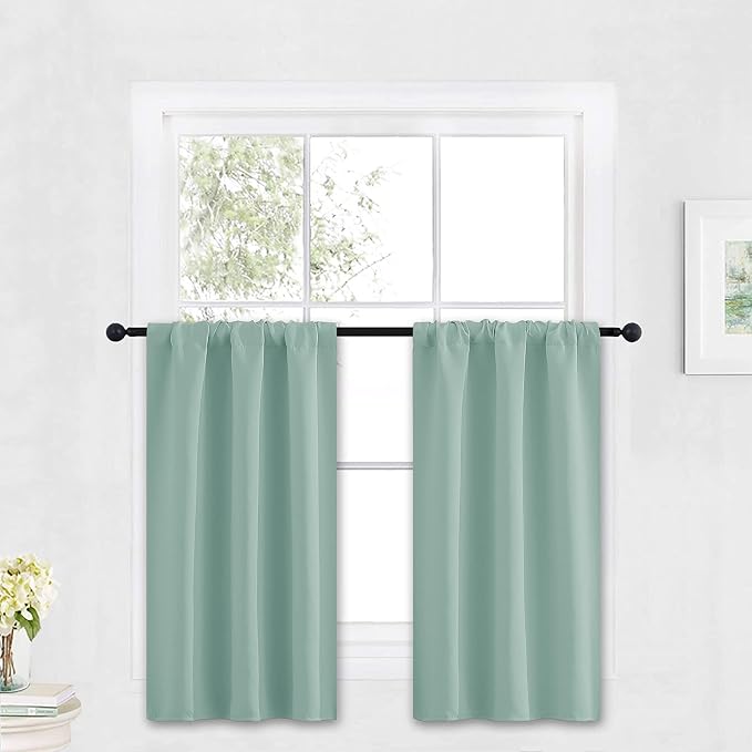 RYB HOME Kitchen Blackout Window Curtains Over Sink 36 inch Length | Summer Light UV Blocking, Energy Efficient, Cabinet Shelf Cupboard Blinds Shades Window Coverings, W29 x L36, Aqua, 2 Panels by RYBHOME