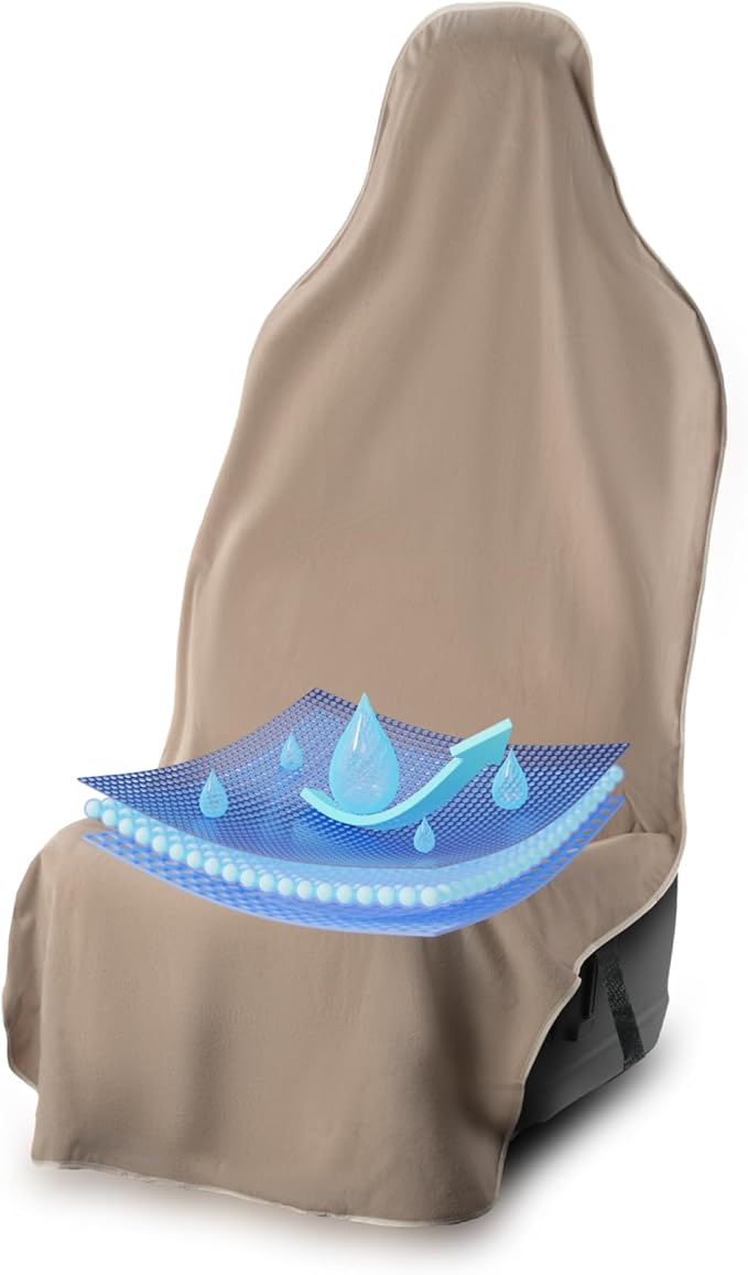 UltraSport Tan Front Seat Cover - Waterproof Car Seat Protector, Universal Fit, Washable, Soft Microfiber, Anti-Stink, Comfortable, Easy to Install by WaterproofSeatShield