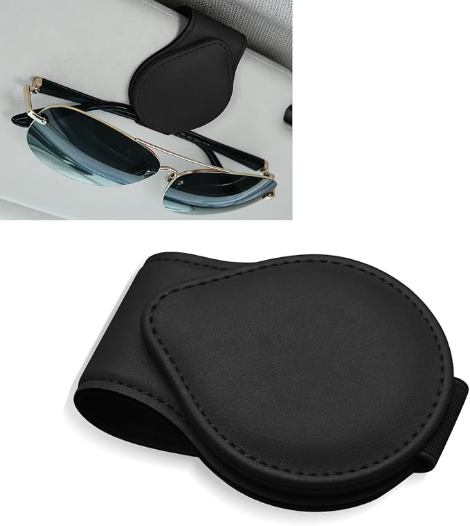 Sunglasses Holders for Car Visor, PU Leather Car Organizer, Magnetic Glasses Holder and Ticket Card Clip, Multi-Functional Auto Sun Visor Eyeglass Holder for Most Vehicles (Black) by Unknown