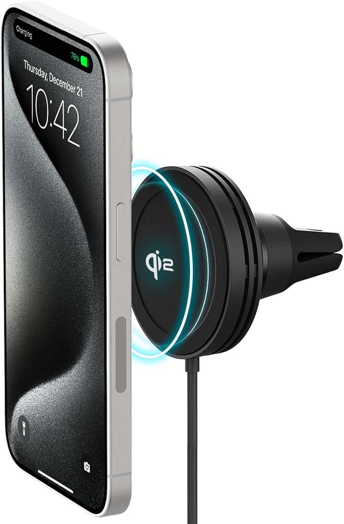 iOttie Velox Qi2 Mini Wireless Charging Car Mount - MagSafe Compatible Air Vent Phone Mount with 15W Charging for Qi2-enabled Smartphones Including iPhone 12,13,14,15,16 and 17. Car Charger Included. by iOttie