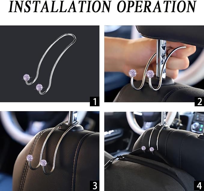 SAVORI Auto Hooks Bling Car Hangers Organizer Seat Headrest Hooks Strong and Durable Backseat Hanger Storage Universal for SUV Truck Vehicle 2 Pack (Light Purple) - Image 5