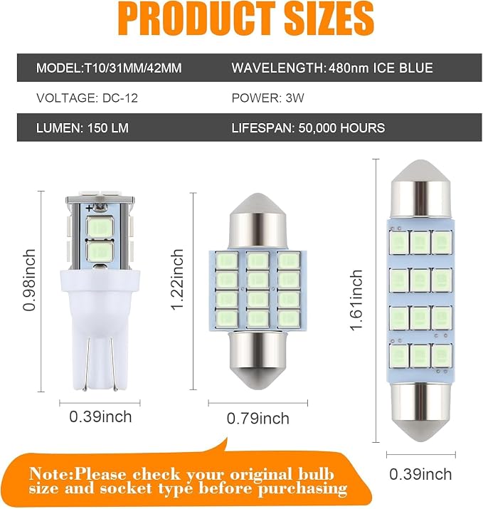 iFunyLED 24 Pieces Dome Light LED Car Interior Bulb Kit Set 194 T10 DE3175 578 31mm 42mm Bulbs Interior Replacement Lights for Car Map License Plate Door Side Marker Cornering Trunk Light - Ice Blue - Image 2