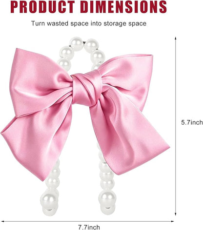 2 PCS Bow Pearl Car Seat Headrest Hook, Car Seatback Hanging Organizer Elegant Pearl Purse Hanger, Cute Bow Vehicle Interior Headrest Storage Hook for Handbag Purse Coat (Pink) - Image 2