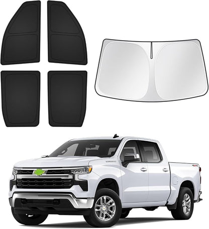 Canvcle Sunshades for GMC Sierra/Chevy Silverado 1500 2500 3500 Crew Cab 2019-2025 2026 Accessories Windshield Sun Shade Side Rear Window Shade Cover Sun Shield Privacy Camping Keep Car Cool 5PCS by Canvcle