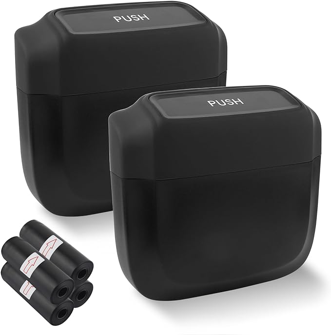 IHOTDER 2PCS Car Trash Can with Lid + 60PCS Garbage Bags,Mini Trash Can Interior Accessories for Door/Seat/Center Console/Home/Office,Multifunctional Car Organizers and Storage (Black) by IHOTDER