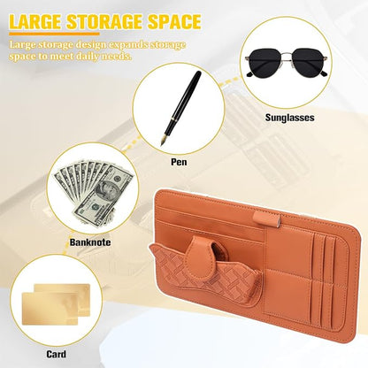 Car Sun Visor Organizer, Multifunctional Visor Storage Pouch with Sunglasses Holder & Card Sleeve Pocket, Auto Interior Organizer Pocket Bag for Pens Cards Documents, Universal Fit (Brown) - Image 3
