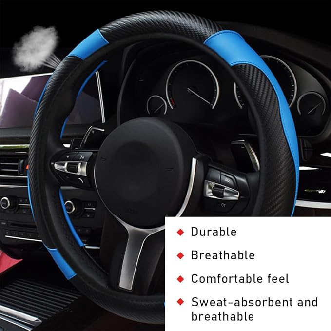 povtii Car Steering Wheel Cover, 15 Inch Leather Breathable Auto Steering Wheel Protector, Comfortable Non-Slip Vehicle Steering Wheel Covers, Universal Interior Car Accessories (Black+Blue) - Image 4