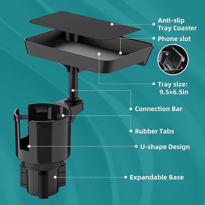 TYKOR Car Cup Holder Tray, 9.5" Car Food Tray Table for Eating | Cup Holder Expander Adapter for Car, Fits Yeti, Hydro Flask, Other Bottles and Mugs in 16-46 oz, Car Road Trip Essentials - Image 4