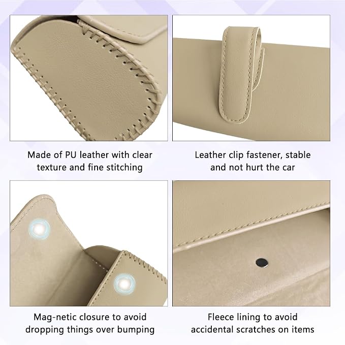 Sunglasses Holder for Car Sun Visor, Sunglass Organizer for Car, Magnetic Leather Eyeglasses Protective Storage Case, Waterproof Glasses Organizer Visor Accessories for Vehicles (Beige) - Image 5