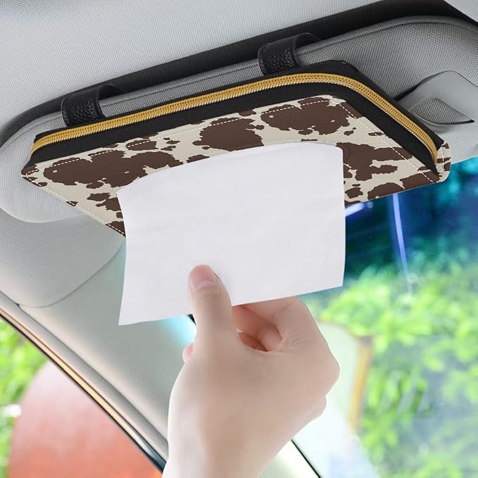 Biyejit Brown Cow Print PU Leather Car Tissue Holder, Classic, Rectangular - Image 3
