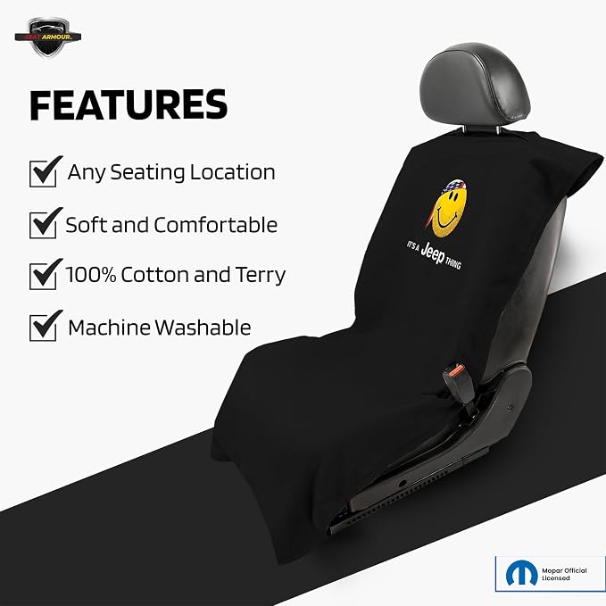 Seat Armour Seat Protector Towel 'Jeep Smiley Face' - Soft Machine Washable Jeep Seat Cover Towel - Easy to Install, Multipurpose Jeep Seat Towel - Black - Image 3