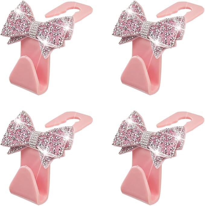 Zpana Bling Car Headreat Hook, 2PCS Crystal Rhinestone Cute Bow Vehicle Seat Back Hanger Storage for Purses Bags Grocery, Diamond Auto Rear Seat Organizer, Universal for SUV Truck Sedan (Pink) - Image 7