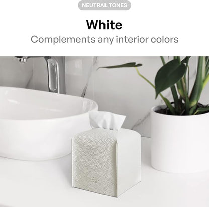 Carrotez Tissue Box Cover, Refined Modern PU Leather Square Holder - Decorative Holder/Organizer for Bathroom Vanity Countertop, Night Stands, Office Desk & Car 5"X5"X5" White (Pack of 3) - Image 3