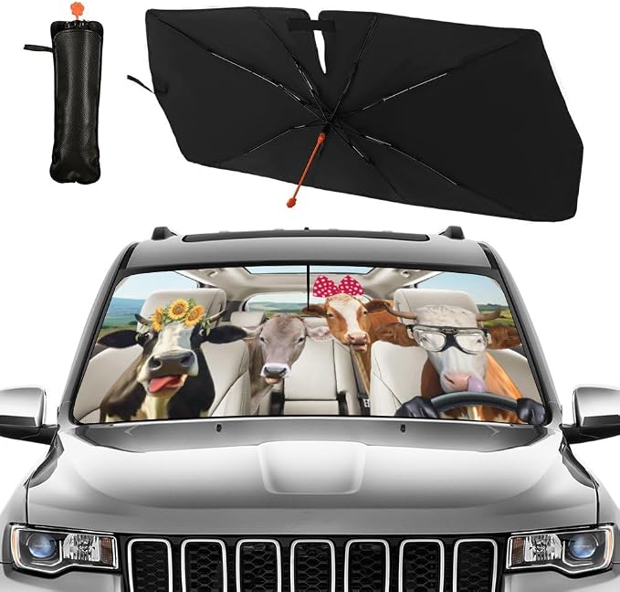 CHILLTEK Funny Animal Car Windshield Sun Shade, Cute Cow Car Sun Shade, Block UV Rays Heat Foldable Windshield Umbrella Sun Visor Protector - Keep Vehicle Cool for Cars SUV by CHILL%C2%B7TEK