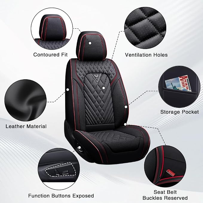 Fit for Toyota Sequoia Seat Covers 2001-2026, Nappa Leather, 360° Full Protection, Thick Padding & Memory Foam, Waterproof & Stain-Resistant Car Seat Cover (Front Set,Black&Red) - Image 6