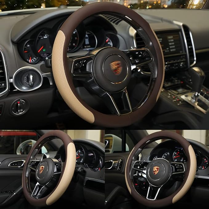 Steering Wheel Cover, Microfiber Leather Splicing with Classic Embossing,Contrasting Colors Anti-Slip Breathable Auto Car Steering Wheel Cover Fit 15 Inch Car Wheel Protector (Coffee&Beige) - Image 3