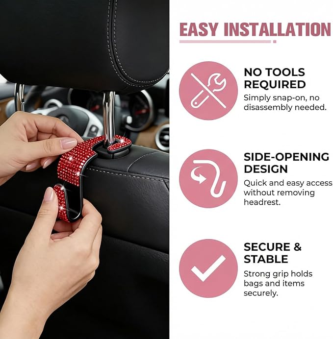 4PCS Bling Car Seat Headrest Hook, Crystal Rhinestone Backseat Hanger Organizer for Purse Handbag Umbrella, Shiny Auto Interior Seat Back Storage Holder Hook, Universal Fit (Red) - Image 3