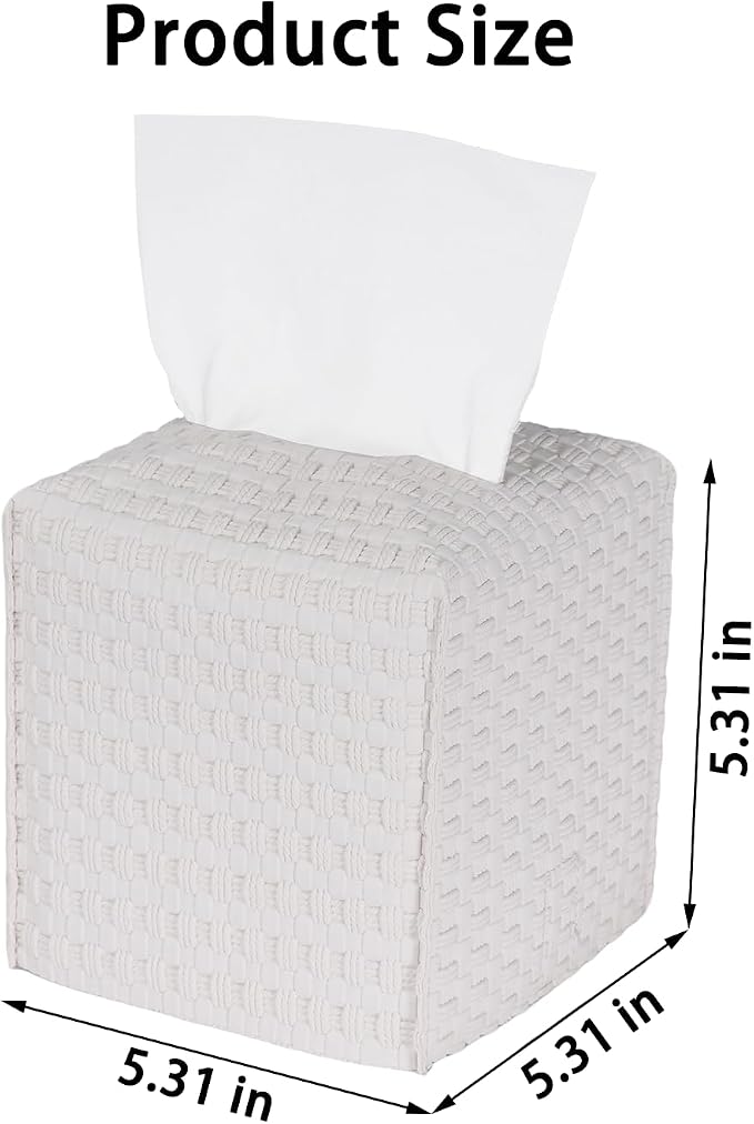 Tissue Box Cover 2-Pack, Square Tissue Holder with Bottom Belt, Modern Tissue Case Facial Paper Organizer Dispenser for Bathroom, Office, Home, Table, Car, Woven Pattern White - Image 4